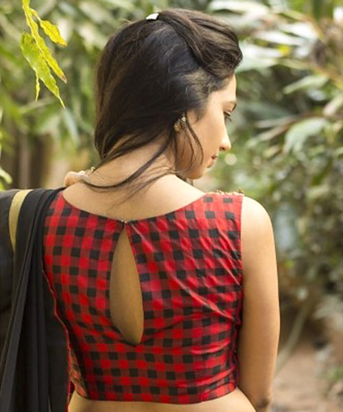 Sleeveless checkered blouse back neck designs
