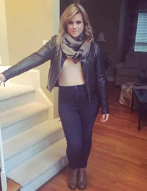 High waisted jeans with a leather jacket and scarf