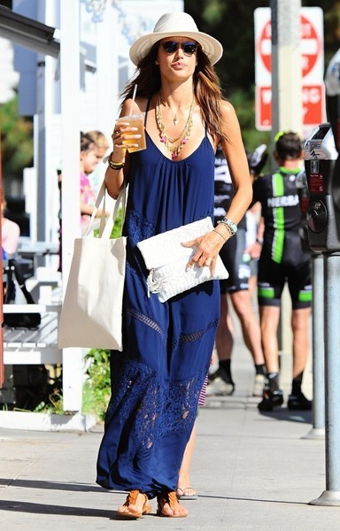 Alessandra Ambrosio was a boho babe in this blue lace-panel maxi dress by Heartloom while out and about in Brentwood.