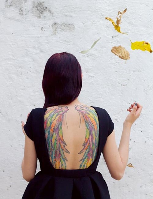 Colorful full back angel wings tattoo design