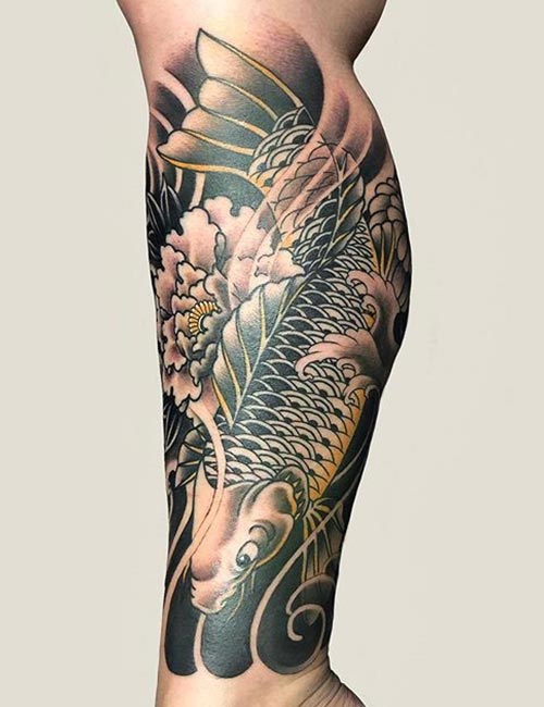 Chrysanthemums with Japanese wave and koi fish tattoo design