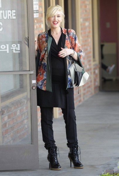 Kimono-inspired jacket, tunic top, and high-heeled booties.