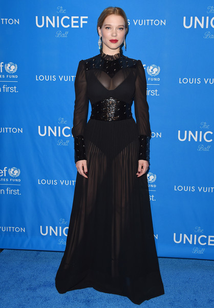 Lea Seydoux fittingly wore a high neck sheer Louis Vuitton gown- as the French star was just named the new face of the brand- and finished her look with a bodysuit under the Victorian-inspired number.