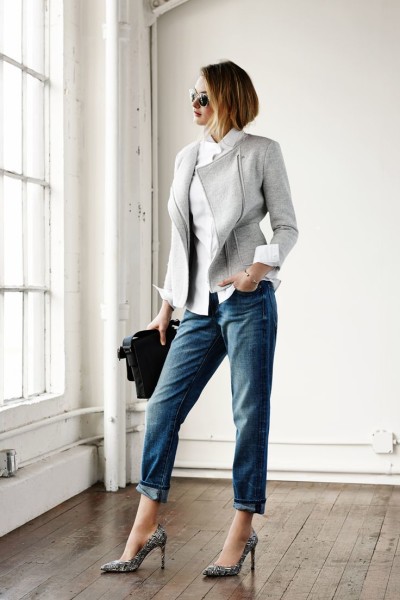 Our new favorite shade of gray. Style Banana Republic's Boxy Zip Blazer with cuffed boyfriend jeans with for a relaxed-chic look.
